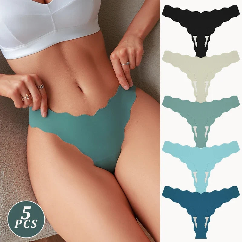 5Pcs Seamless Full-Body Fan-Shaped Wave Decorative Briefs Sexy Thongs Comfortable Breathable Stretch Underwear Women's Lingerie