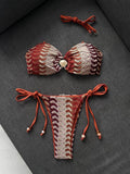 Sexy Coffee Striped Micro Bikini 2026 Women Bandeau Metal Shell Push Up Bra Bandage Thong Swimwear Beach Bathing Suit Swimsuit