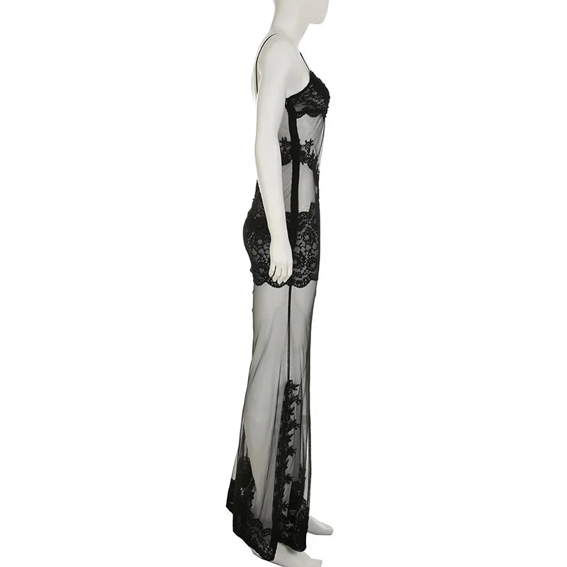 FDYOUI Sexy Lace Patchwork Mesh Long Dress Women Spaghetti Strap See-through Evening Party Dresses White Black Night Club Outfit
