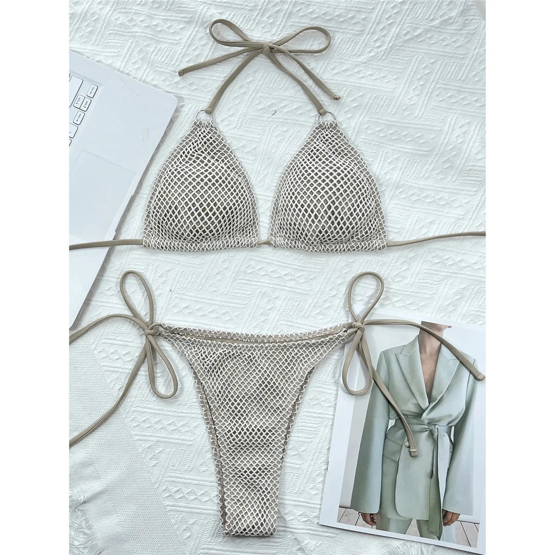 Halter Mesh Fish Net Brazilian Bikini Female Swimsuit Women Swimwear Two-Pieces Bikini Set Bather Bathing Suit Swim V3680