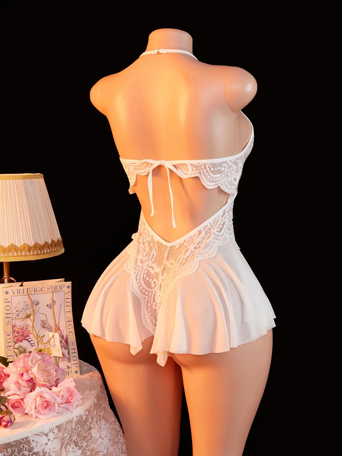 Adult Erotic Bodysuit Lace Hanging Collar Deep V-neck Semi Transparent Women Sexy Lingerie Crotchless Hot Underwear