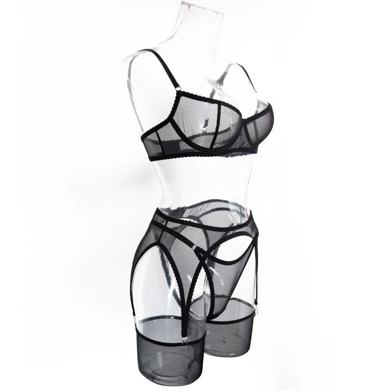 Toucheart Erotic Lingerie Comfortable Mesh Sexy Body Shaping Ultra-thin See-through Sexy Underwear Four-piece Set with Stockings