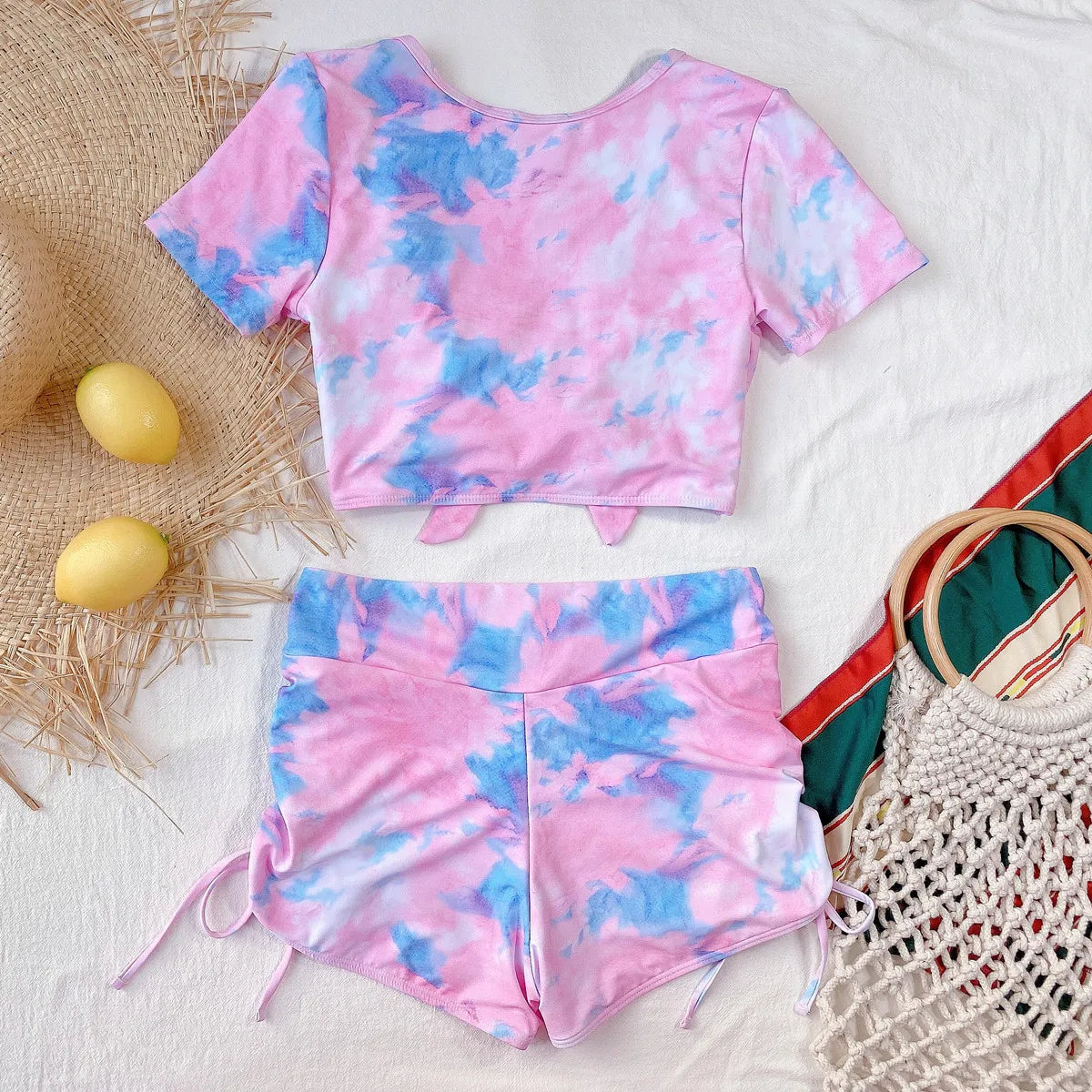 2026 Two Piece Swimsuit Swimwear Women Short Sleeve High Waist Bowknot Bathing Suit Beachwear Snakeskin Print Banadores Mujer