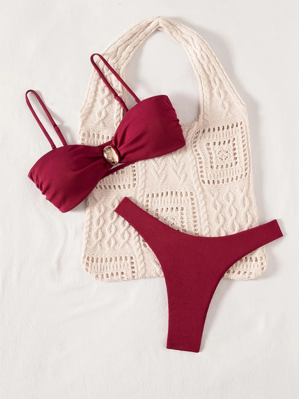 ZTVitality Wine Red Ribbed Bandeau Bikini Set Metal Buckle High Cut Thong Swimsuit Women's 2026 New Beach Bathing Suit Biquini