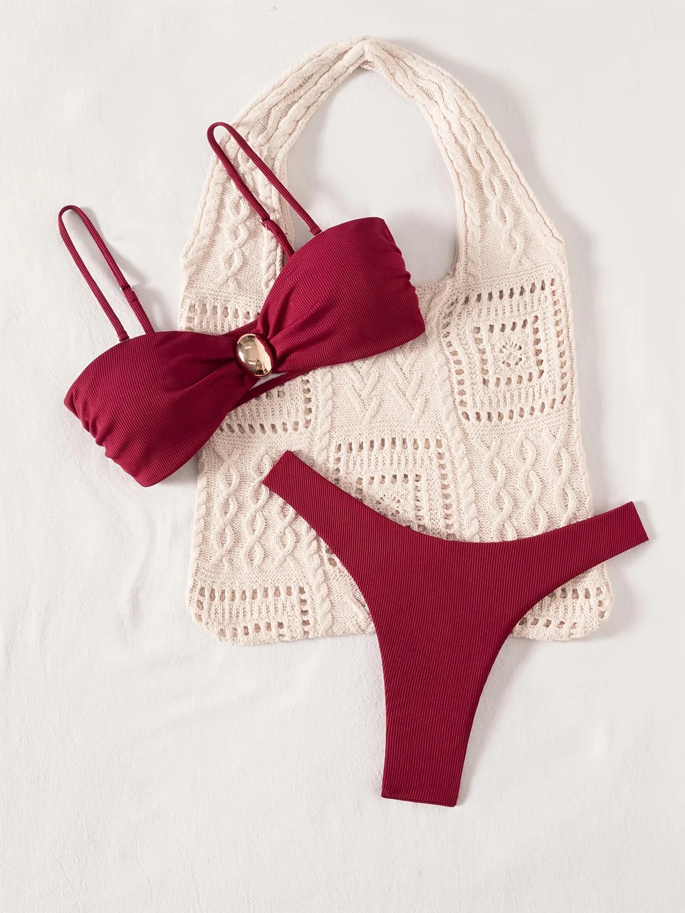 ZTVitality Wine Red Ribbed Bandeau Bikini Set Metal Buckle High Cut Thong Swimsuit Women's 2026 New Beach Bathing Suit Biquini