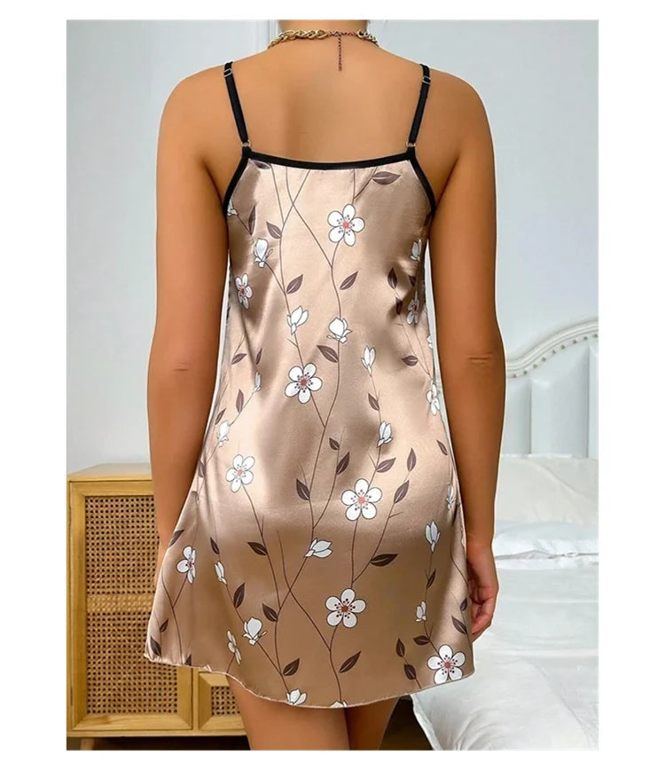 Women's Sleepwear Summer Floral Print Satin Nightgown Casual Sleeveless Backless Slip Night Dress Sexy Nightdress Home Clothes