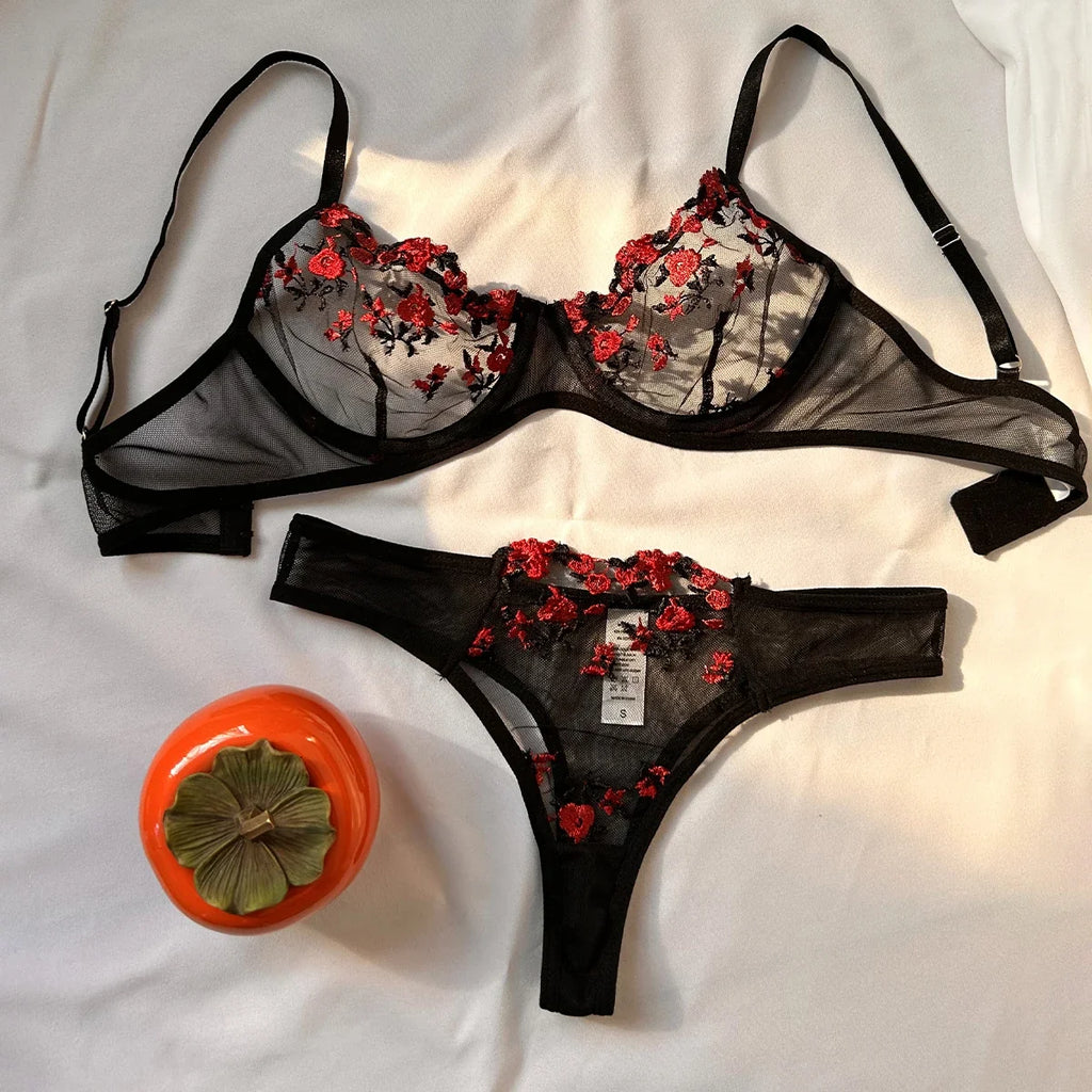 Purple Embroidery Sexy Lingerie Set Hot Semi-Sheer Temptation Bra And Panties Sets Fancy Erotic Sleepwear Beautiful Underwear