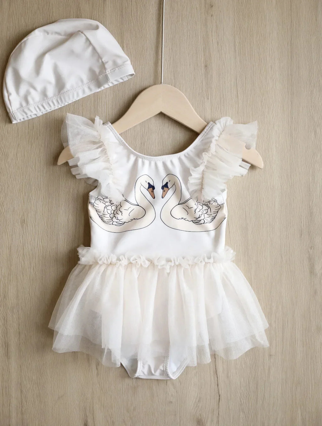 Princess Mesh Swimsuit Baby Girl Swan Cherry Sling Cute Swimming Suit Quick Drying Sun Protection Swim Wear with Cap H8126