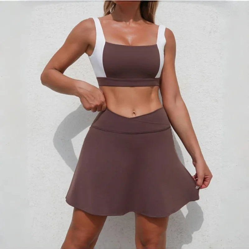 Women's Seamless Yoga Set Bra Short-skirt 2 Piece Set Slim Fit High Waist Beautiful Back Tracksuit Sports Running Fitness Suit