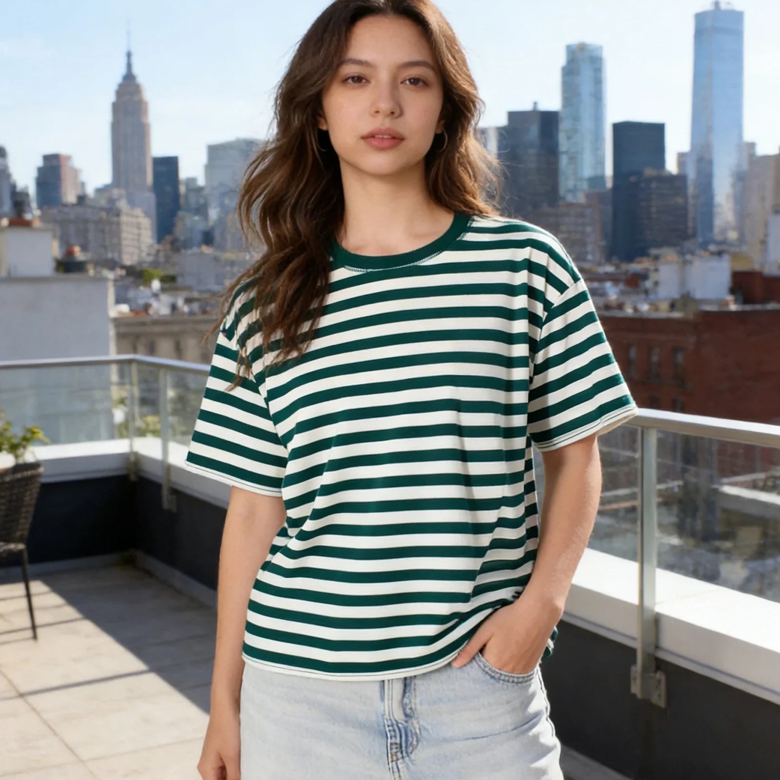 Striped Print Summer T-shirt for Women Loose Casual Contrast Short Sleeve Round Neck Basic Tops