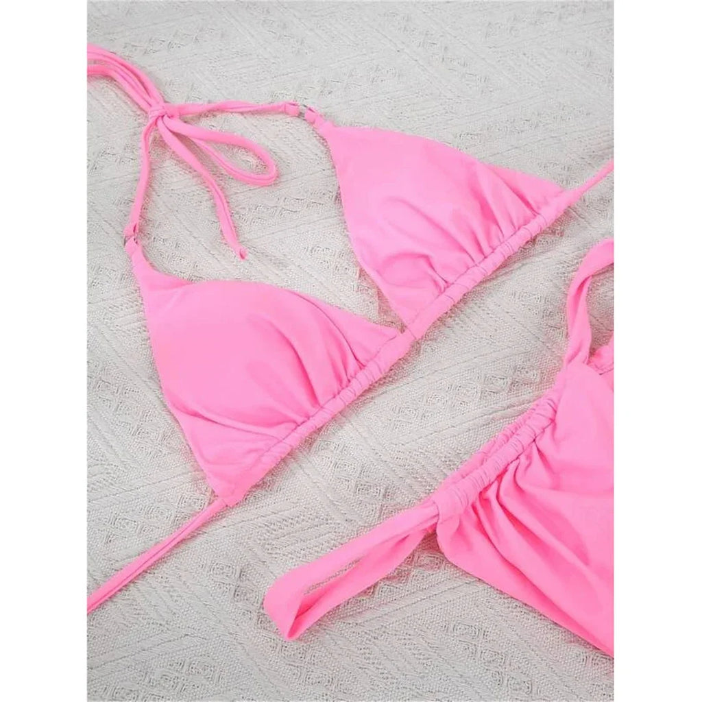 Wrinkled High Cut Mini Micro Thong Bikini Women Swimwear Female Swimsuit Two-pieces Bikini Set Halter Bather Bathing Suit Swim