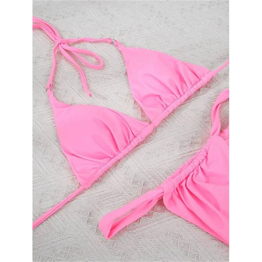 Wrinkled High Cut Mini Micro Thong Bikini Women Swimwear Female Swimsuit Two-pieces Bikini Set Halter Bather Bathing Suit Swim