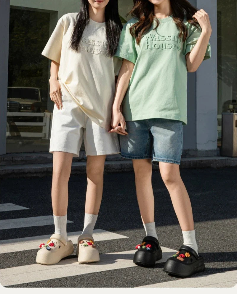Women Fashion Clogs DIY Cartoon Charms Platform Shoes Woman Home Street Slippers Soft EVA Girls Daily Walking Beach Sandals