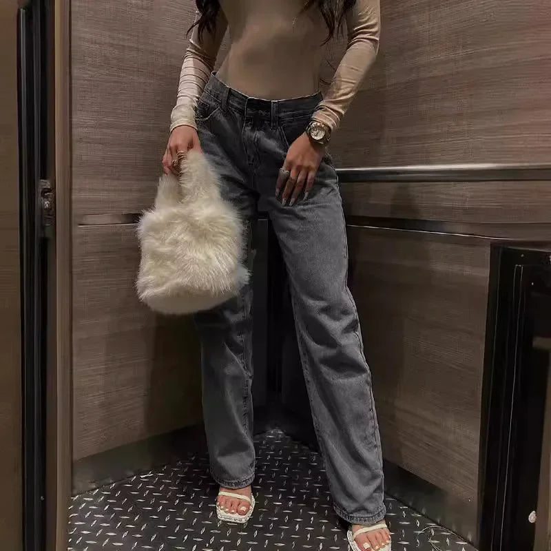 Women's Jeans Trend High-Waisted Distressed Skinny Straight-Leg Jeans Solid Color Distressed Finish Button-Fly Zipper Trousers