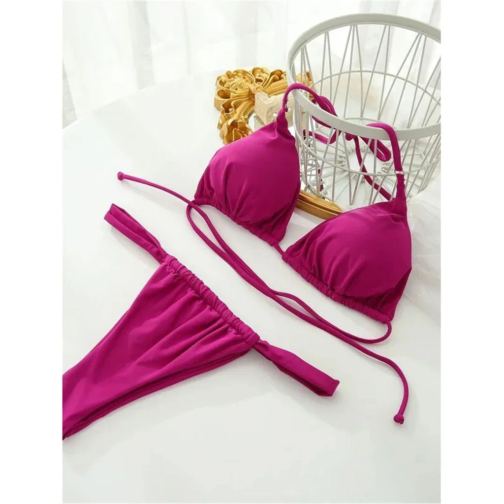 PU Pleated Ruched Bikinis Mini Micro Thong Bikini Women Swimwear Female Swimsuit Two-pieces Bikini Set Halter Bathing Suit Swim