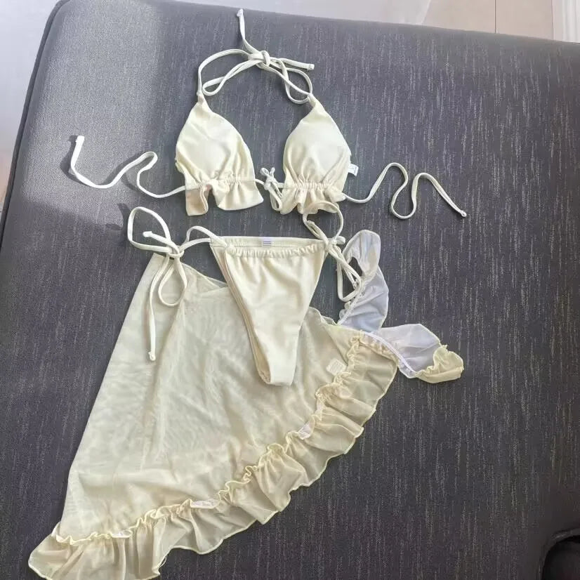 New With Sarong Halter Ruffled Bikini Women Swimwear Female Swimsuit Three-pieces Bikini Set Bather Bathing Suit Swim Lady V4144