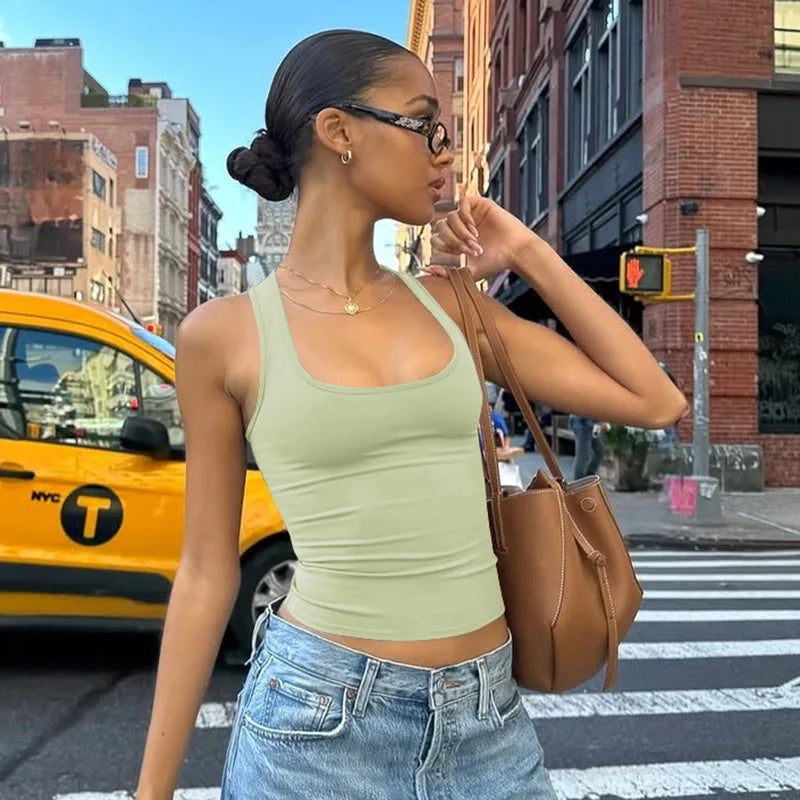 Women's Fashion Solid Tank Tops 2026 Streetwear Sleeveless T-shirt Female Square Collar Skinny Corset Y2K Girls Gray Crop Top