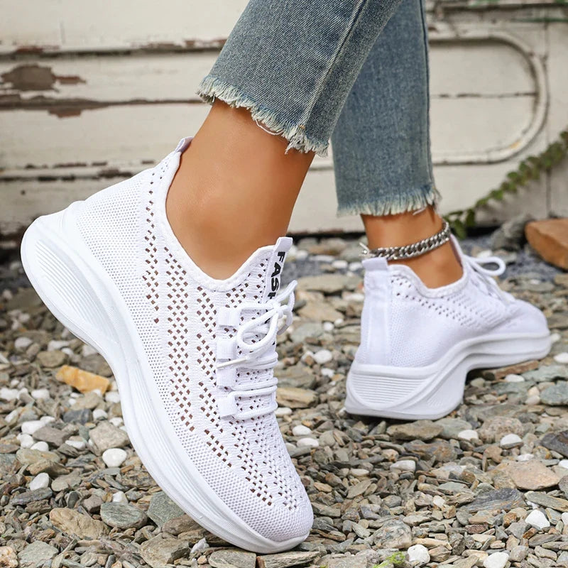 Spring Summer Breathable Mesh Sport Shoes Women Slip On Hollow Out Knitted Flats Shoes Woman Plus Size 43 Thick Sole Sneakers