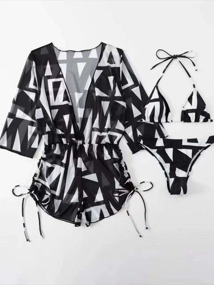 3 Pieces Bikini Tropical Print Swimsuit Halter Drawstring Side Swimwear Women 2026 Bathing Suit Female Swimming Summer Beachwear