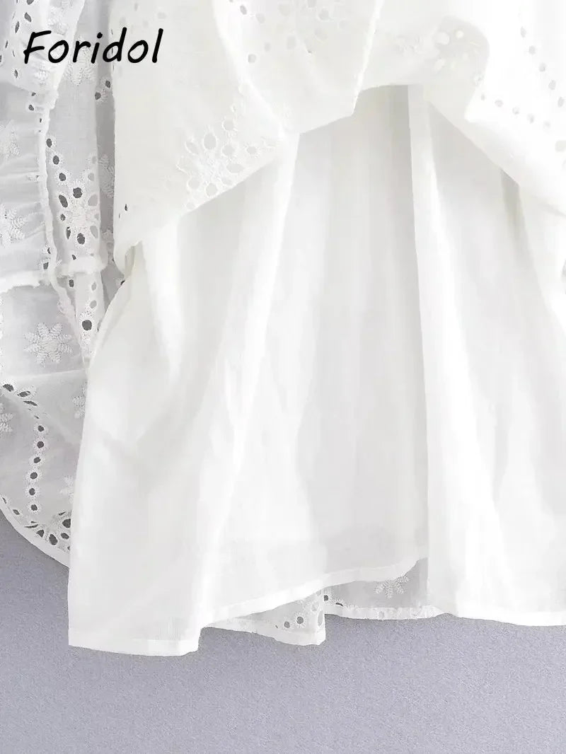 Foridol Waist Hollow Out V Neck Backless White Lace Party Dress Christmas Vestido Robe Ruffled Cotton Long Sleeve Autumn Dress
