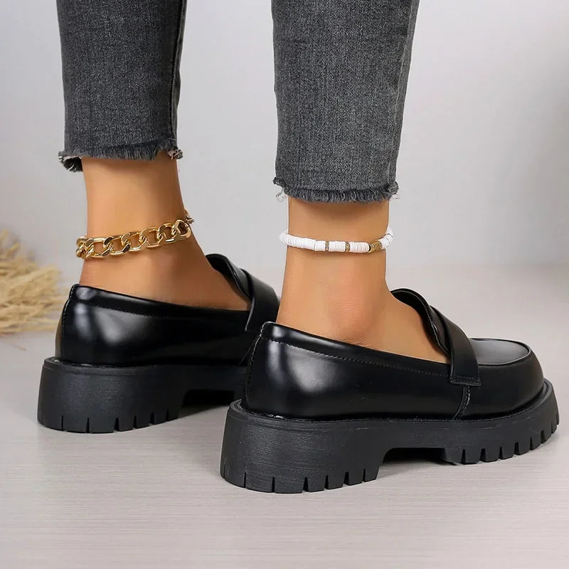 Plus Size 35-43 Black Pu Leather Loafers Women British Style Slip On Platform Shoes Woman Thick Sole Japan School Uniform Shoes