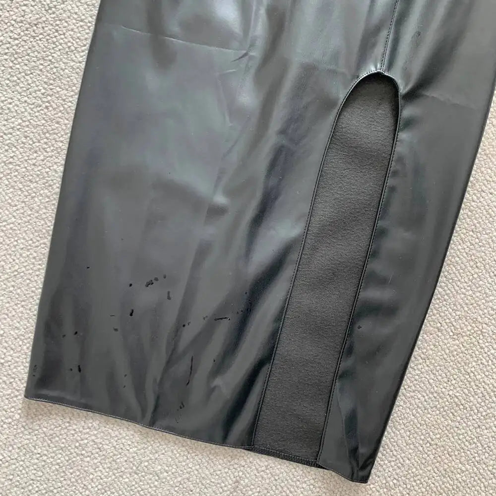 WOMENGAGA High Waist Slim Side Split PU Leather Skirt For Women Spring/Summer Irregular Split One Step Skirt Mid Length 761R