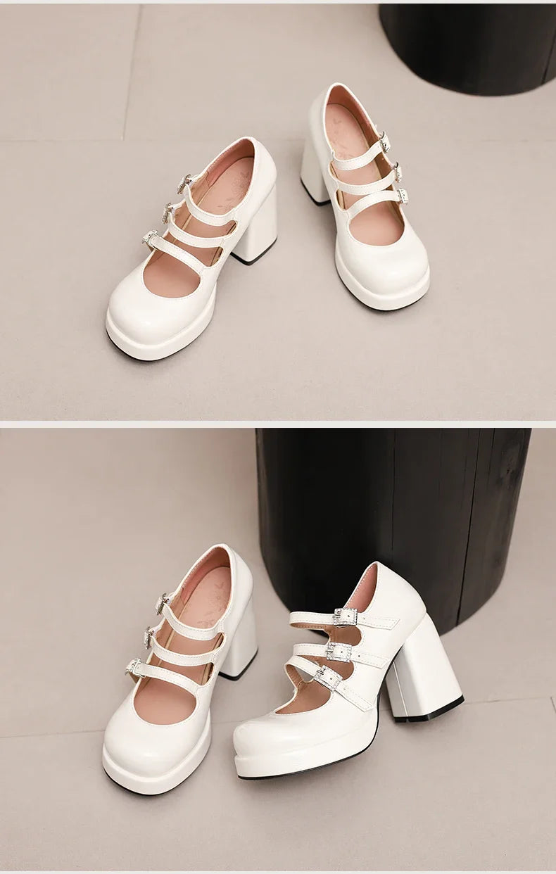 Plus Size Women Red Patent Leather Platform Mary Jane Shoes 3 Rhinestone Buckle Straps Chunky Block  Y2K Lolita Party Pumps