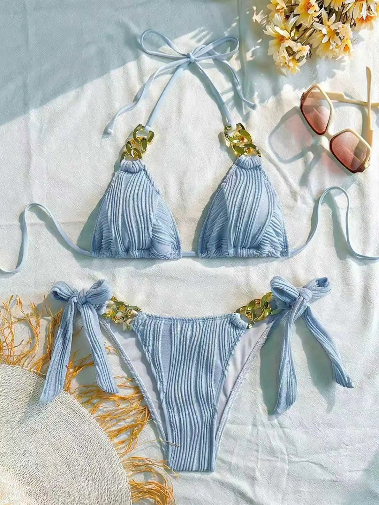 2026 Triangle String Bikinis Women Chain Linked Swimwear Female Sexy Swimsuit Solid Bathers Bathing Swimming Swim Suit Beachwear