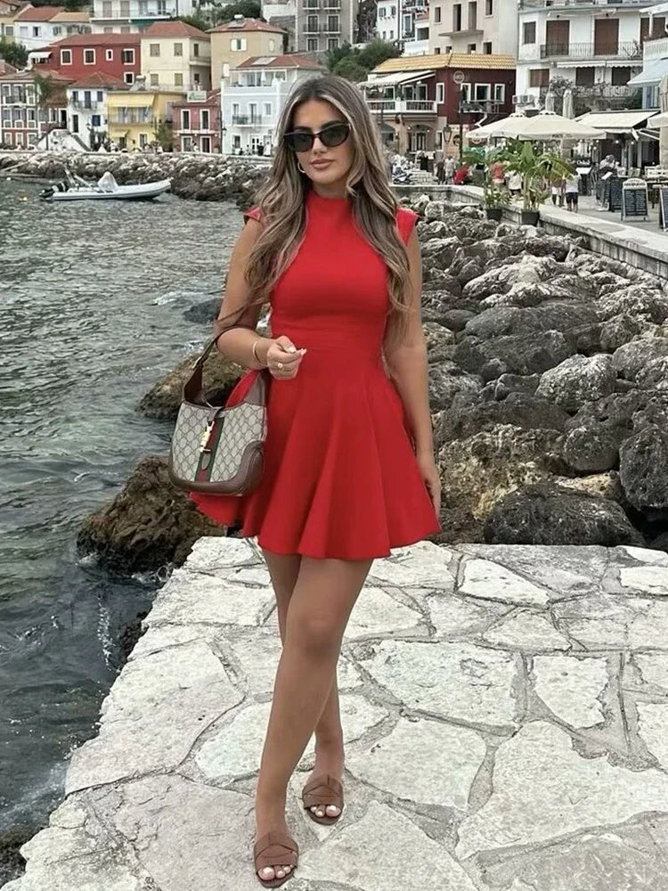 Foridol Stand Collar Sleeveless Pleated Tank Dress for Women Brown Casual Short Autumn Winter Dress Zip Black Ladies Vestidos