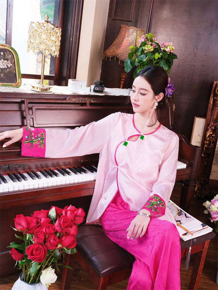 New Chinese style pajamas with breast pads, simulated silk, ice silk home wear, satin jacquard pajamas set
