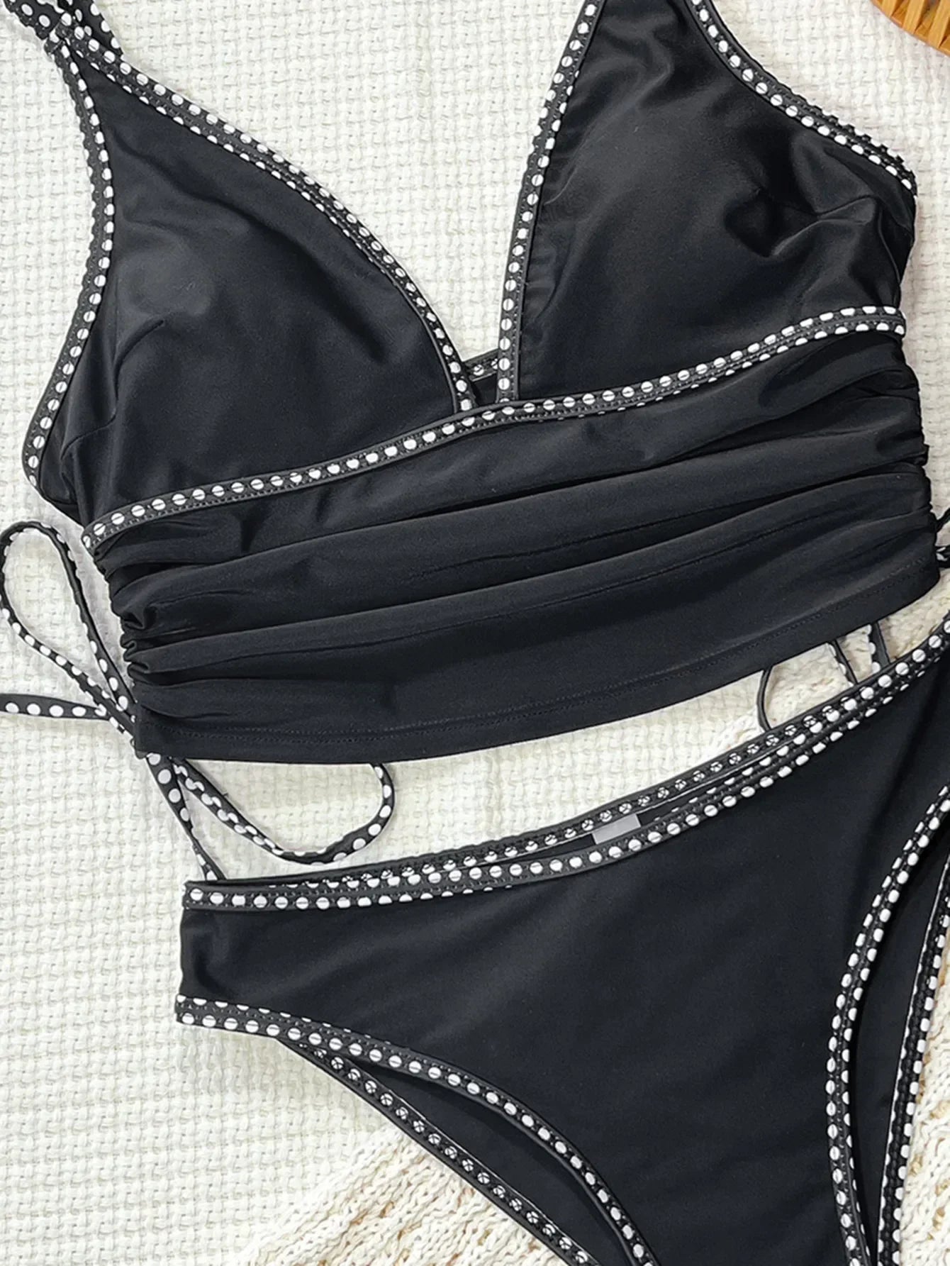 Sexy Balck Contrast Bikini Set 2026 Women V Neck Drawstring Side Top High Waist Swimsuit Summer Bathing Suit Two Piece Swimwear