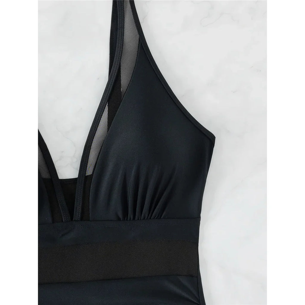 S - XL New Sexy Mesh Sheer V Neck Women Swimwear One Piece Swimsuit Female High Leg Cut Monokini Bather Bathing Suit Swim V5136