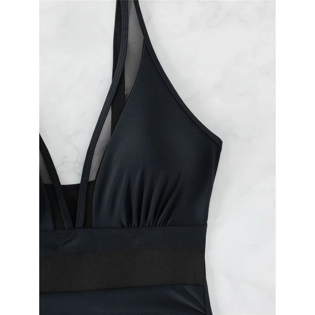 S - XL New Sexy Mesh Sheer V Neck Women Swimwear One Piece Swimsuit Female High Leg Cut Monokini Bather Bathing Suit Swim V5136