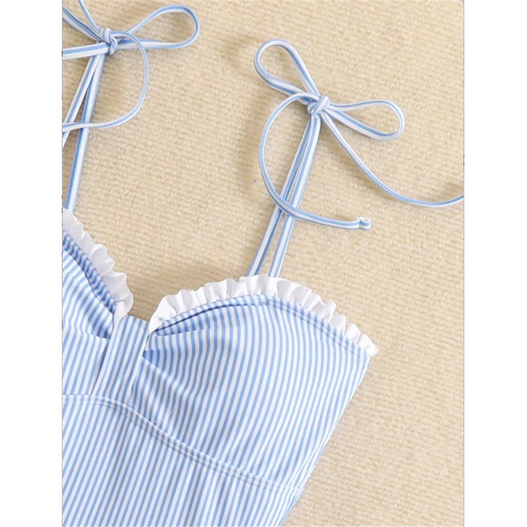 S - XL New Sexy Striped Frilled Strappy Women Swimwear One Piece Swimsuit Female Monokini Padded Bather Bathing Suit Swim V6949