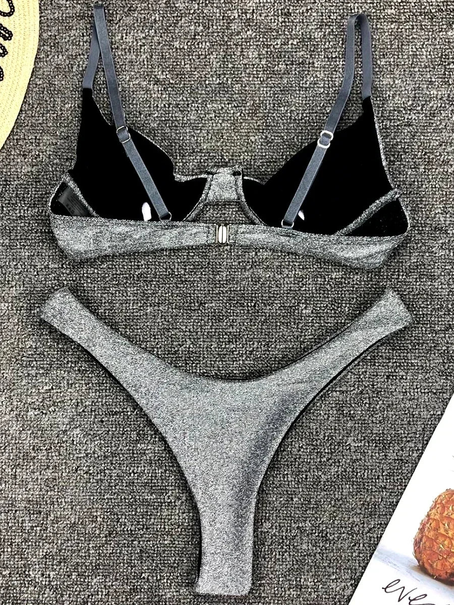 Glitter Shiny Underwired V-Bar Bikini Women Swimsuit Female Brazilian Swimwear Two-piece Bikini Set Triangle Bathing Suit Swim