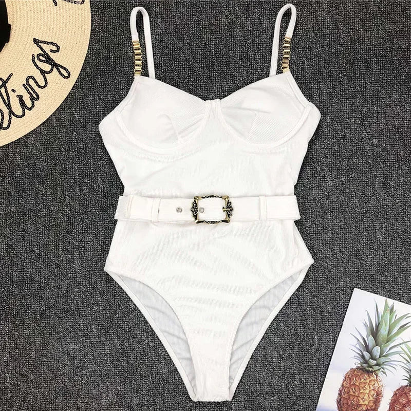 Ribbed Push up Underwired Metal Chain Women Swimwear One Piece Swimsuit Female Waist Belt Monokini Bather Bathing Suit Swim Lady