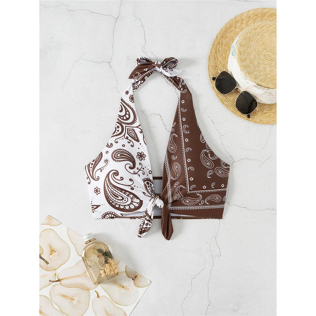 XS - L Sexy Printed Splicing Halter Knotted Bikini Top Female Swimsuit Women Swimwear Bather Bathing Suit Swim Beach Top V5817