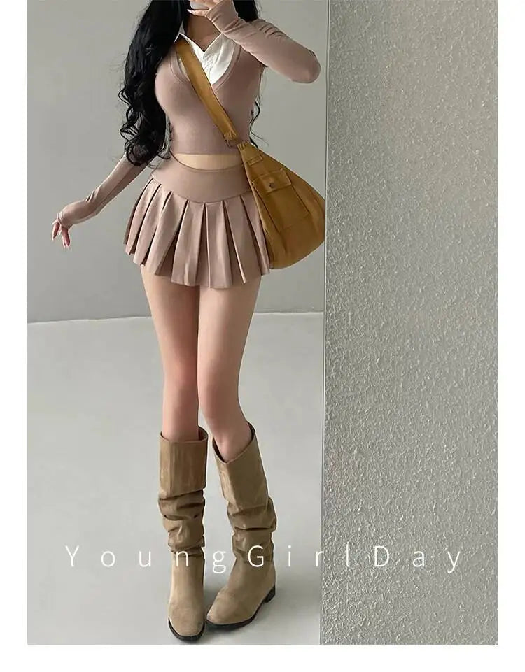 WOMENGAGA Fahsion Women Skorts Spicy Girl Sexy High Waist SlimA-LINE Pleated Skirt Half Body Short Skirt Sweet Korean Style 8NDZ