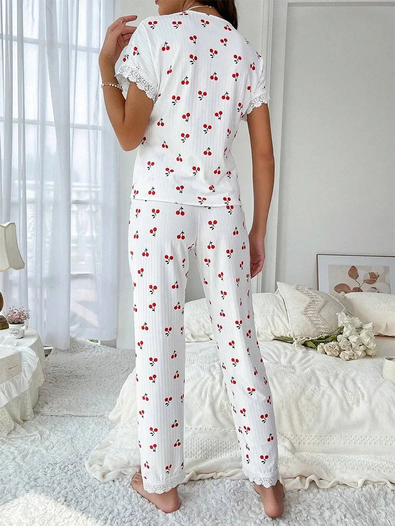 Women Sleepwear Black Lace Trim Cherry Print 2 Piece Pajamas Set Short Sleeve Top & Full-Length Pants Homewear