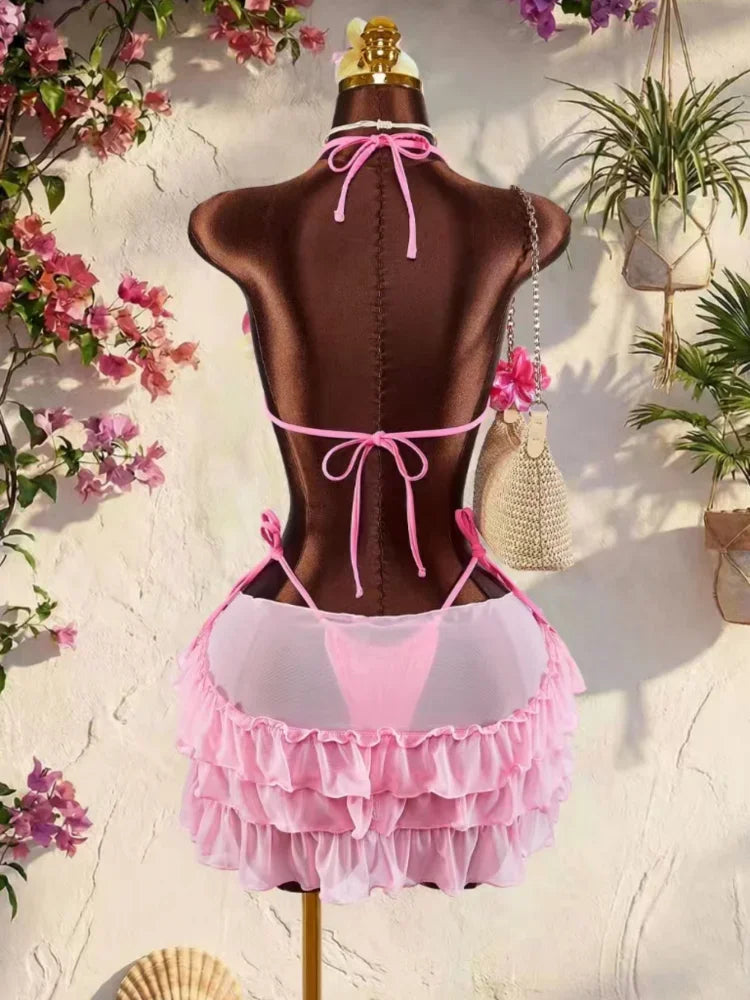 Vintage Blue 3D Floral Bikinis Sets Women Mesh Ruffle Skirt 3 Piece Swimsuit 2026 Sexy Push Up Bra Bathing Suit Holiday Swimwear