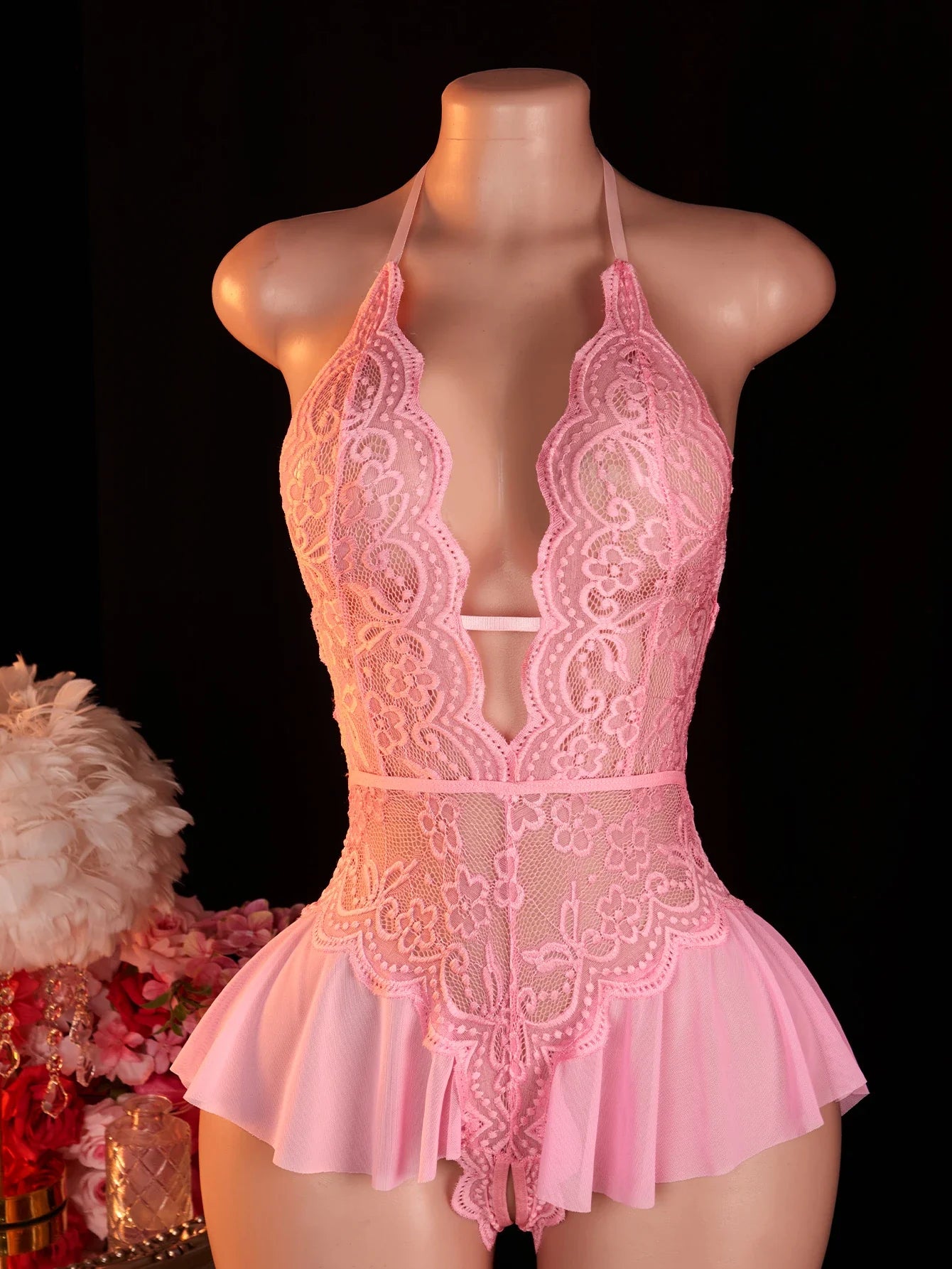 Pink Sexy Lace Bodysuits Crotchless Deep V Open Teddy Babydoll Sheer Sleepwear Elegant & Seductive Erotic Lingerie For Women