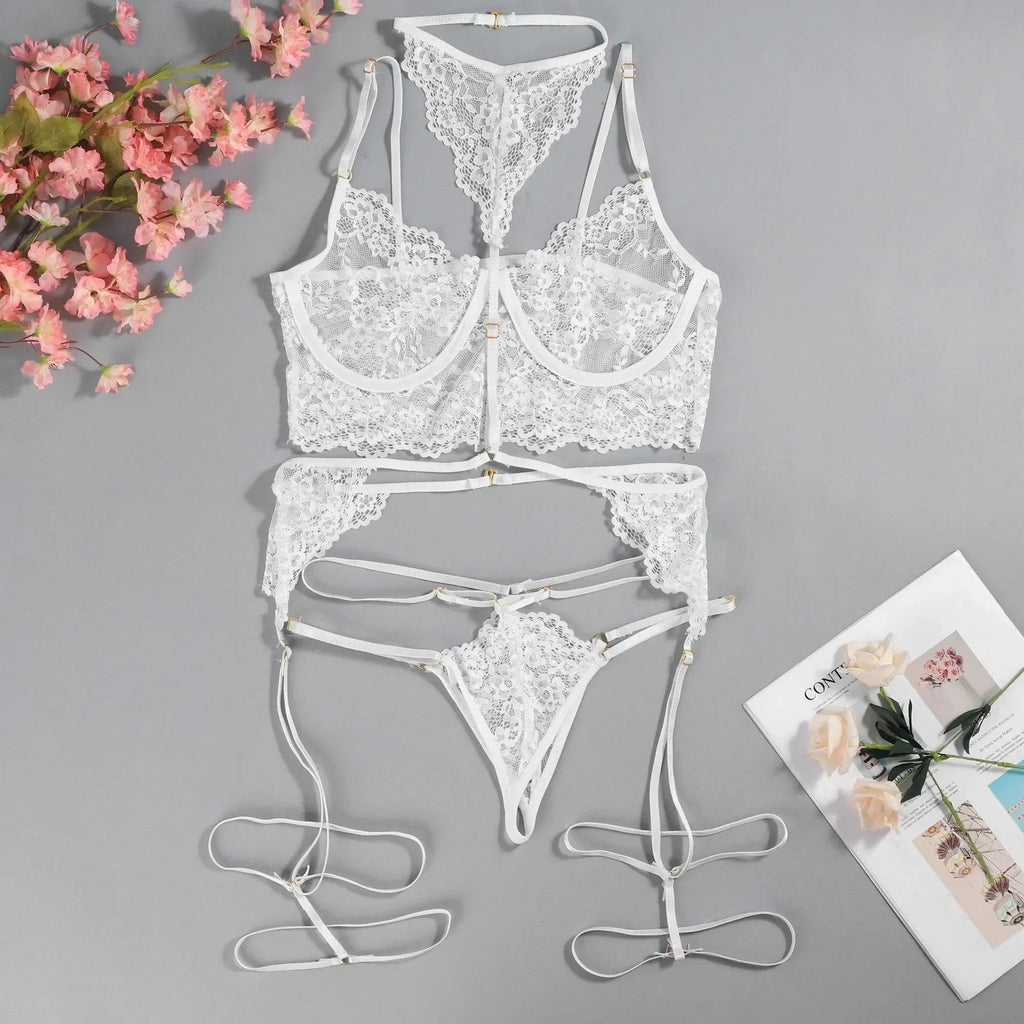 Porn Women Sexy Lingerie Lace Underwear Halter Bodysuit Garter Intimate Erotic Babydolls Sex Costumes Bra Set