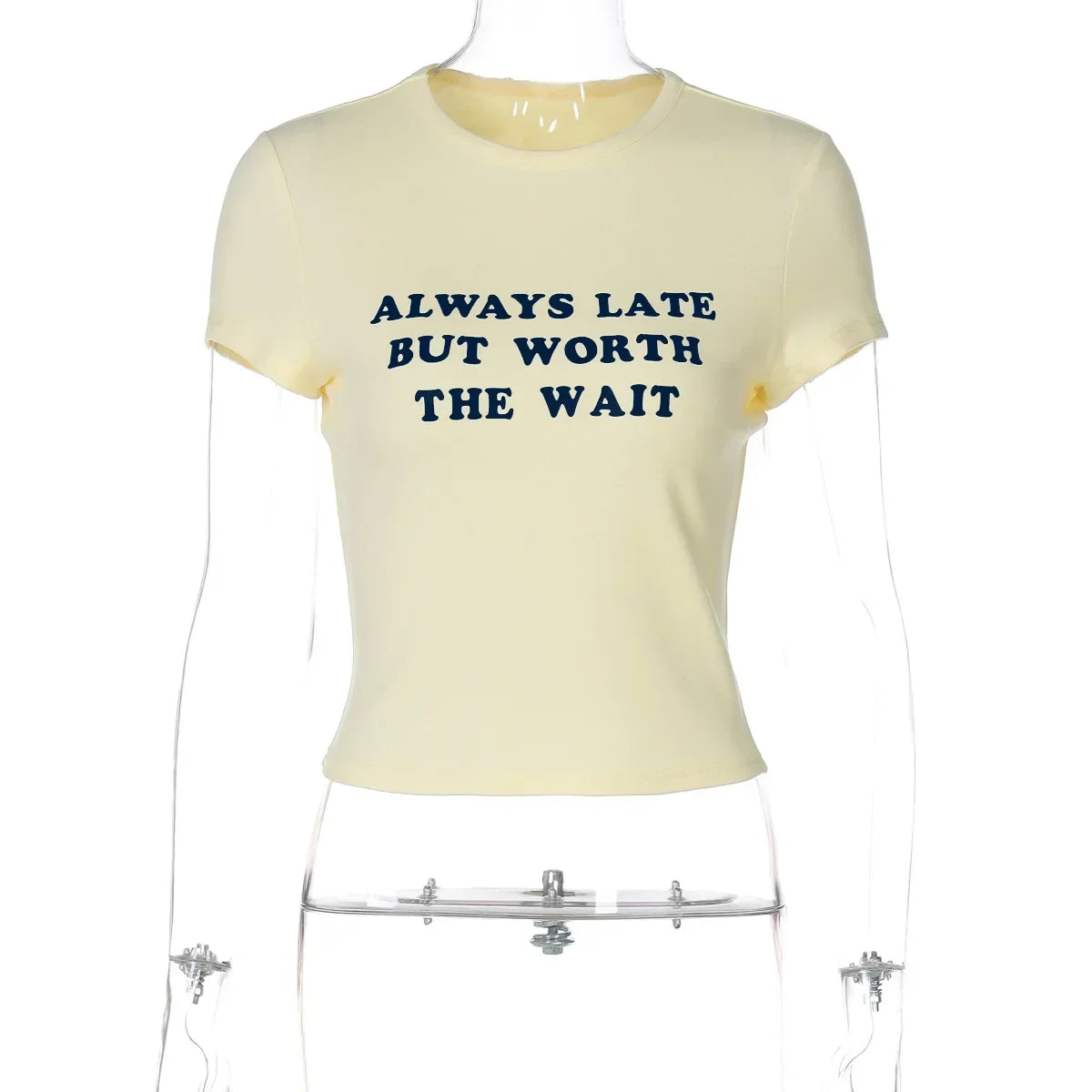 Woman Clothing Letter Print Short T-shirts Y2K Streetwear 2026 Summer O-neck Slim Fit Crop Tops Vacation Beach Tees Light Yellow