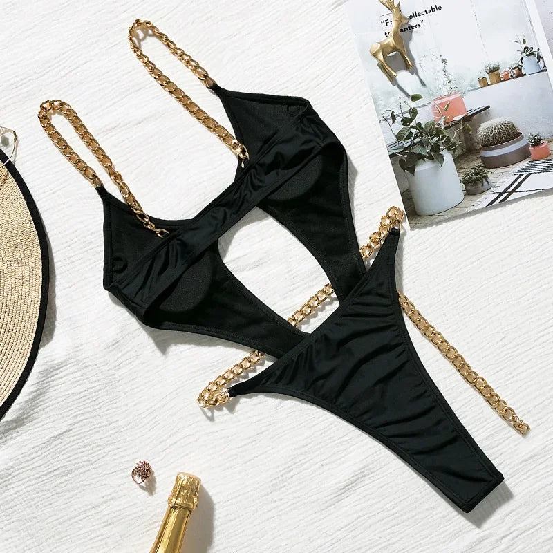 Sexy Metal Chains String High Cut One Piece Swimsuit Women Swimwear Female Monokini Tummy Cut Out Bathing Suit Swim Beach Wear