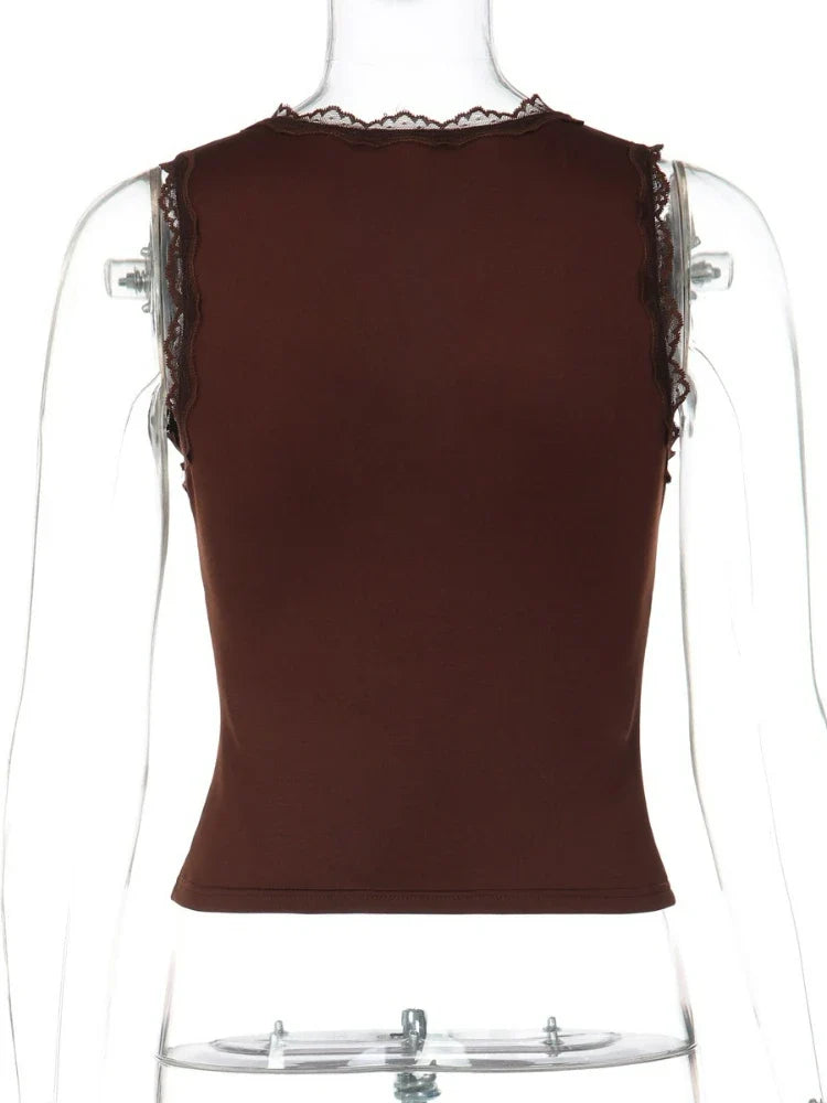 FDYOUI Deep V-neck Sleeveless Tank Tops Y2K Woman Clothes 2026 Summer Lace Patchwork T-shirt Girls Slim Corset Top Streetwear