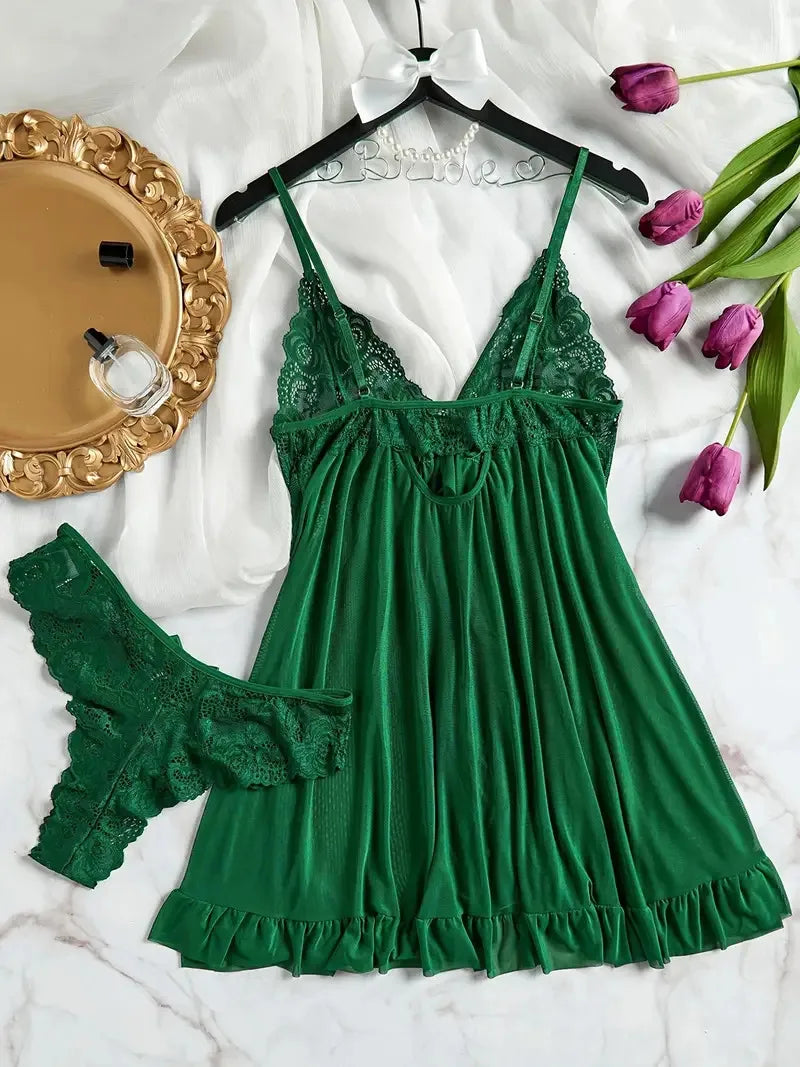 Summer Soft Sheer Nighty Pajamas Nightgowns Dark Green Halter Dress Women Sleepwear Sexy Nightdress Thong Sets