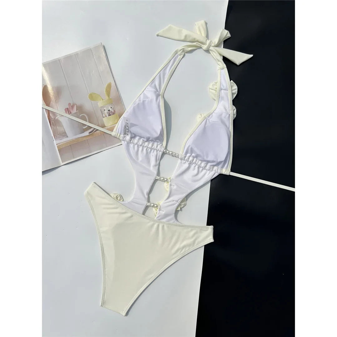 Sexy 3D Flowers Deep V Neck Halter Women Swimwear One Piece Swimsuit Female High Cut Leg Monokini Bather Bathing Suit Swim V6986