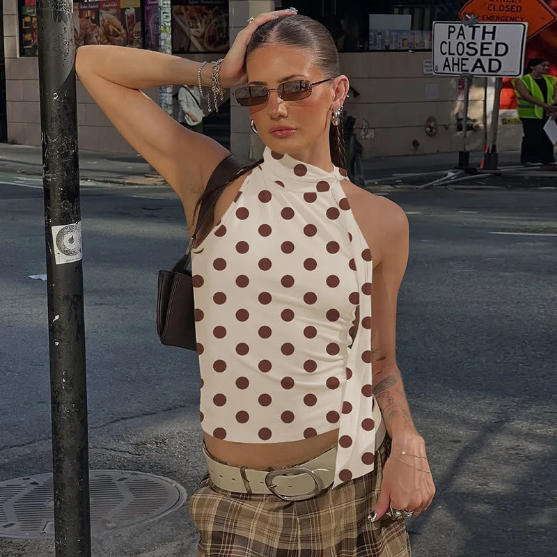 FDYOUI Elegant Bandage Off Shoulder Polka Dot Tank Tops for Women 2026 Summer Sleeveless Crop Top T-shirt Female Slim Corset