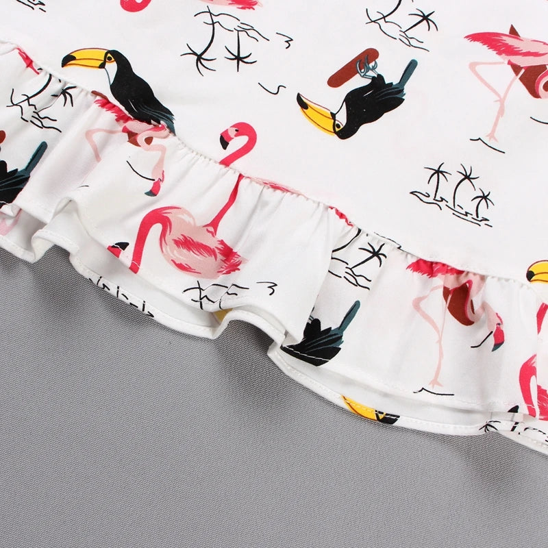 Casual Flamingo Print Pajama Set For Women Short-Sleeve Round Neck Top And Shorts Trendy Sleepwear Nightwear Can Be Worn Outside