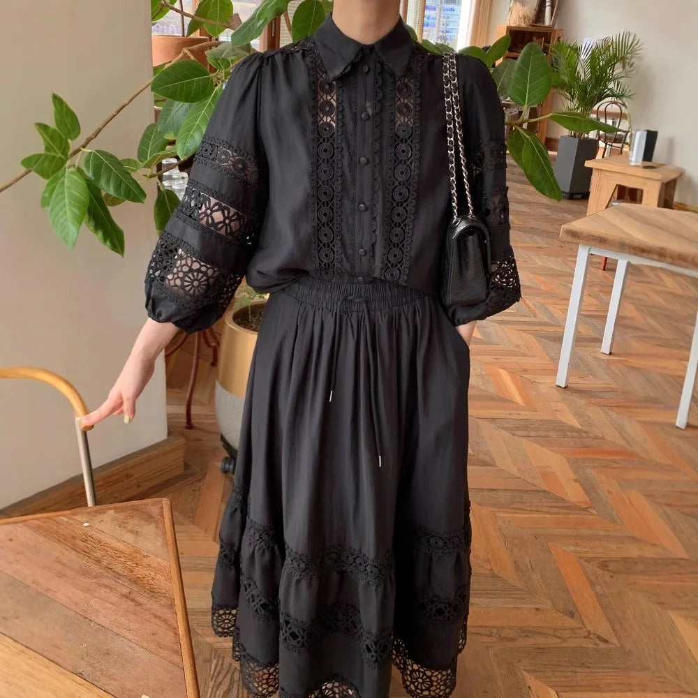 2026 French Retro Heavy Shirt Skirt Hollow Lace Balloon Sleeve Shirt + High Waist Belted Skirt Fashion Suit for Women